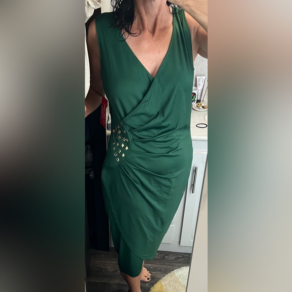 Elegant dark Green sleeveless dress with gold diamond Studded Detail draped